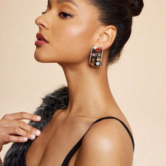 2/$30🌵 Bejeweled Thick Black Hoop Earrings Rhinestone Faux Pearl Royalty NEW - Picture 6 of 16